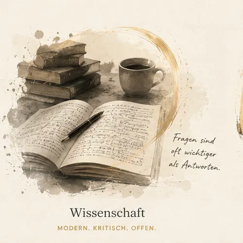 Aufgeschlagenes Notizbuch mit Aufzeichnungen, Bücher und eine Tasse Kaffee